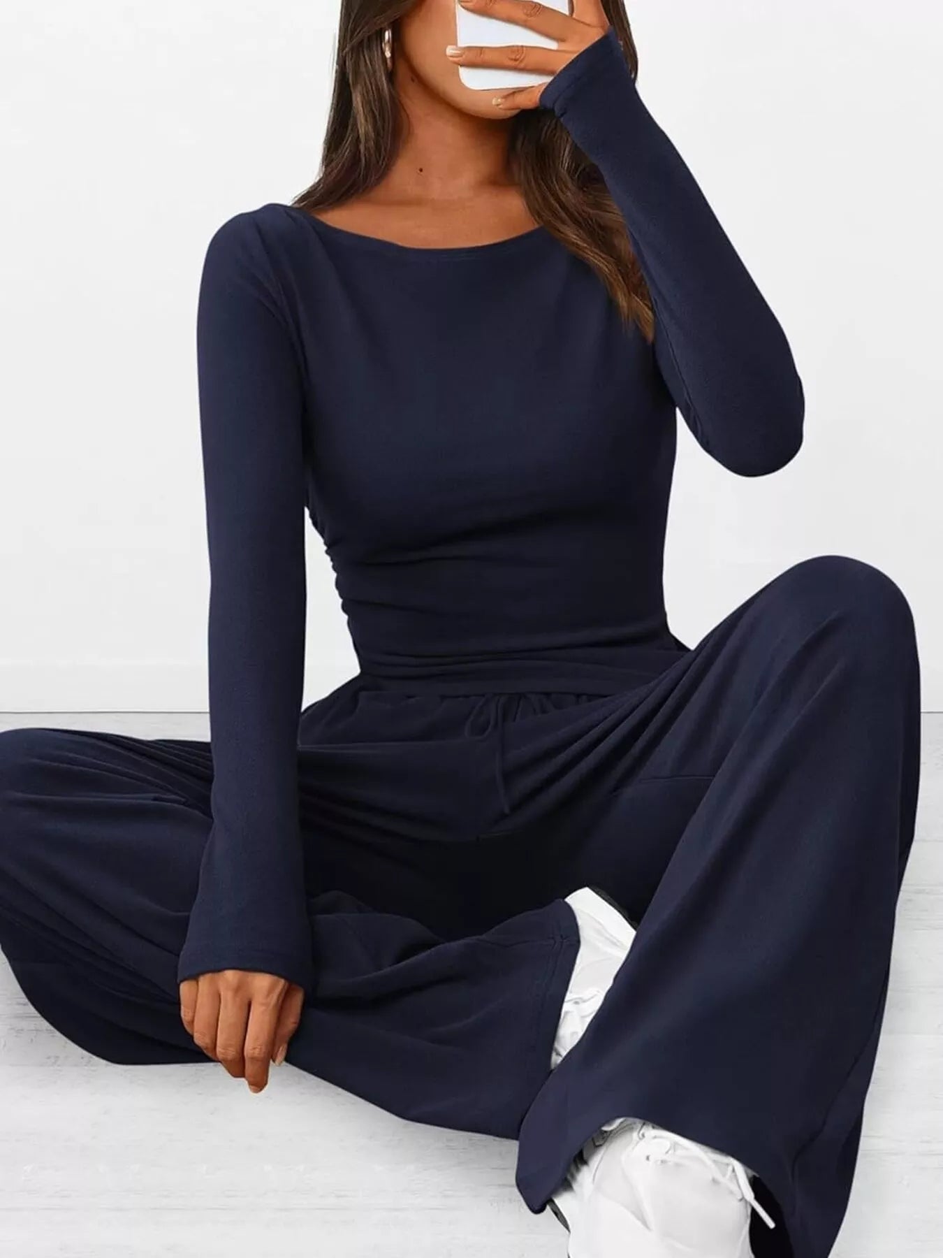 Long Sleeve Top and Wide Leg Pants Set - Navy