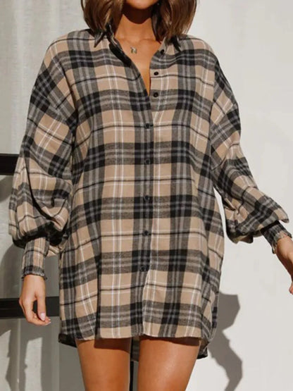 Plaid Button Up Long Sleeve Shirt - Taupe