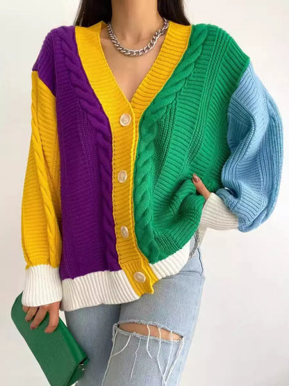 Color Block Button Down Cable-Knit Cardigan -