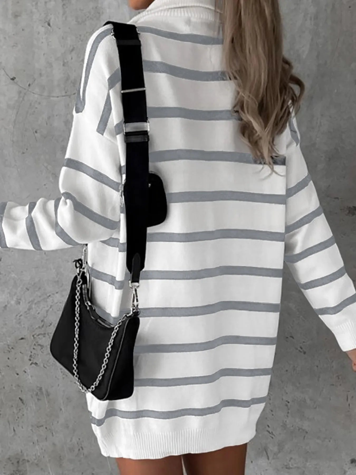 Striped Collared Loose Sweater Mini Dress -