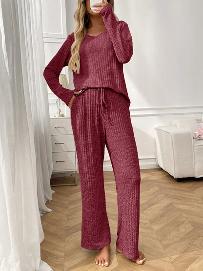 Ribbed Long Sleeve Top and Pants Lounge Set -
