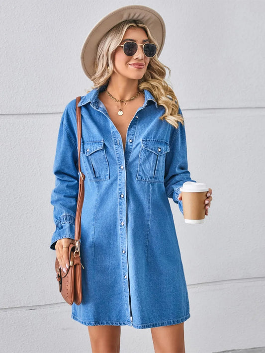 Pocketed Dropped Shoulder Mini Denim Dress - Dusty Blue