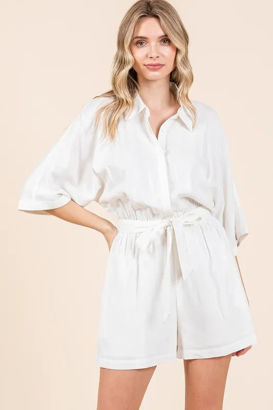 Tie Waist Half Sleeve Romper -