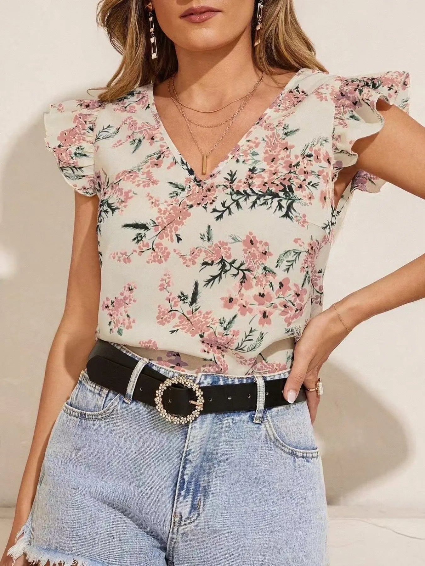 Floral Print Ruffle Sleeve V-Neck Blouse - Apricot
