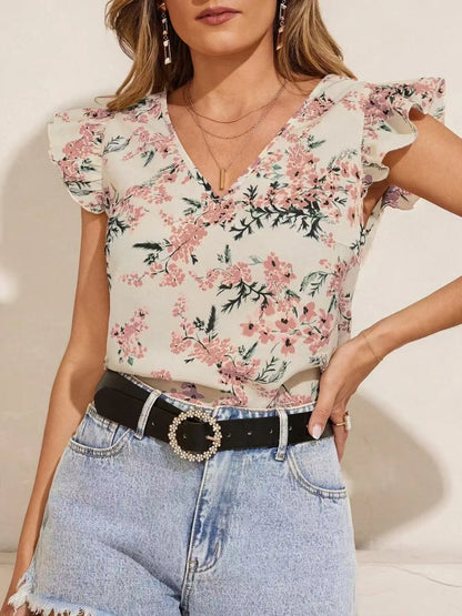 Floral Print Ruffle Sleeve V-Neck Blouse - Apricot