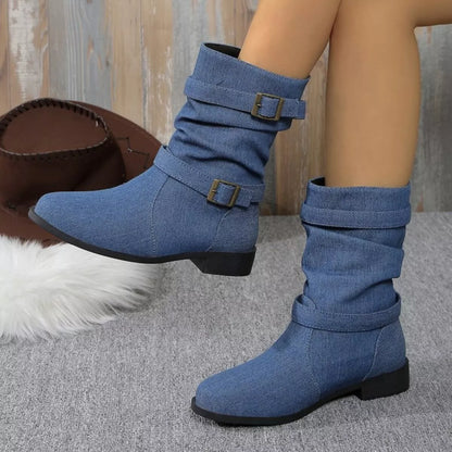 Buckle Accent Block Heel Boots - Navy Blue