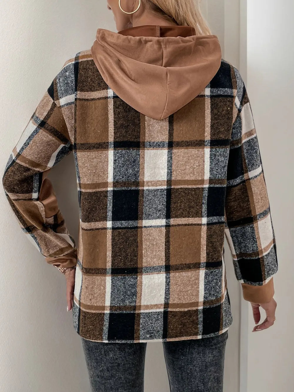 Drawstring Plaid Long Sleeve Hoodie -
