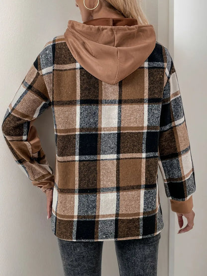 Drawstring Plaid Long Sleeve Hoodie -