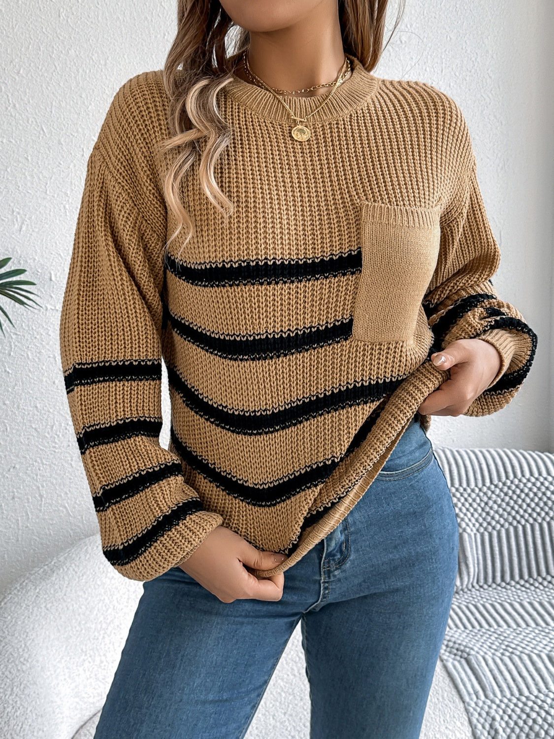 Striped Round Neck Long Sleeve Sweater - Caramel