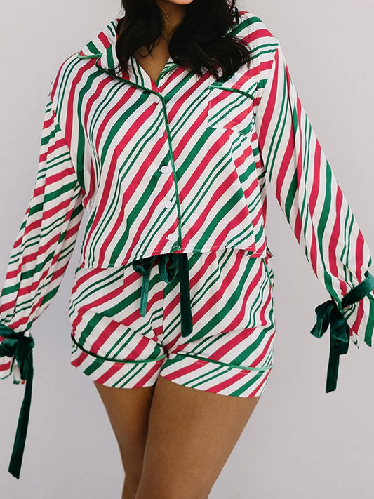 Stripe Contrast Velvet Ribbon Knot Pajama Set - Green Red