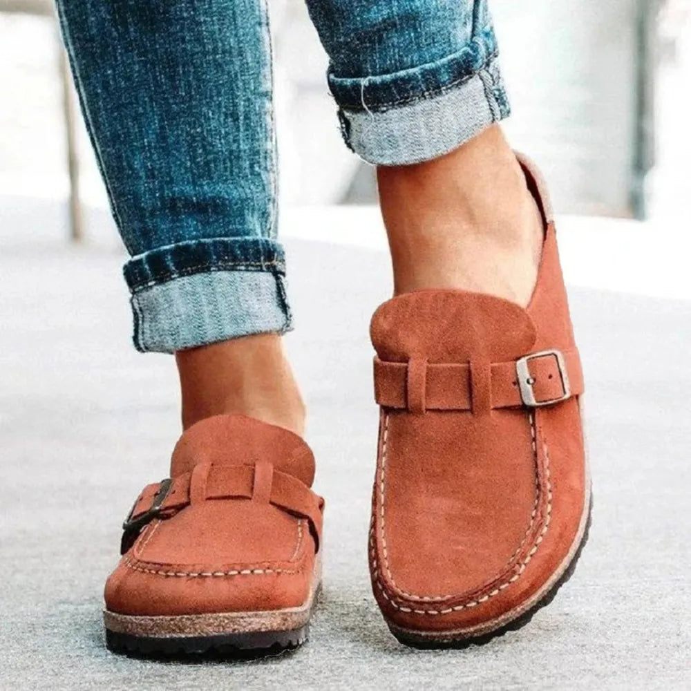Round Toe Low Heel Buckle Loafers - Caramel
