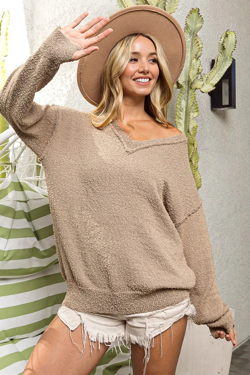 Raw Edged Popcorn Texture V-neck Sweater - Latte