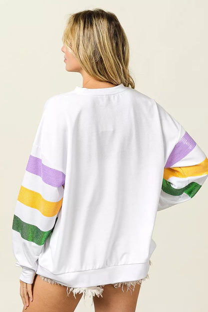 Sequin Mardi Gras Striped Round Neck Sweatshirt -