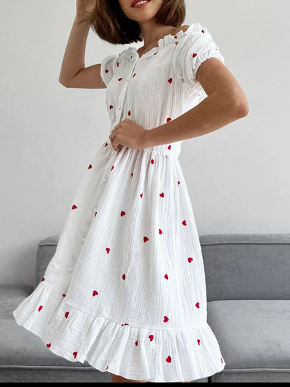 Heart Printed Off-Shoulder Ruffle Mini Dress -