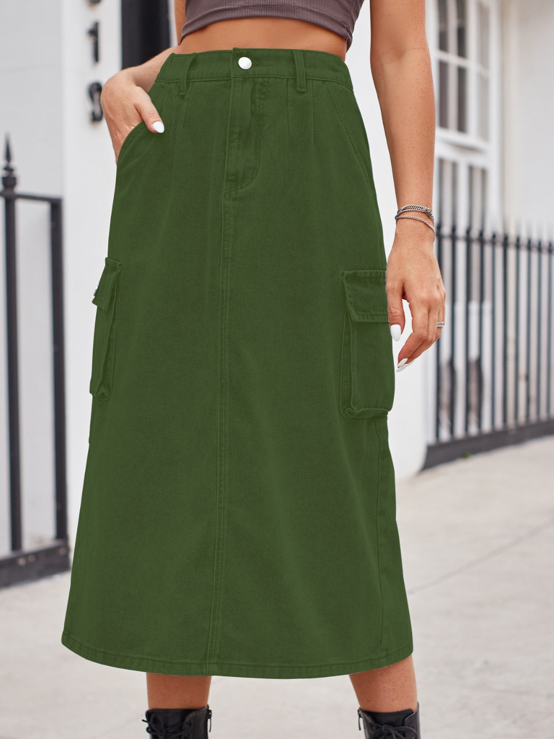 Slit Buttoned Denim Skirt with Pockets - Army Green