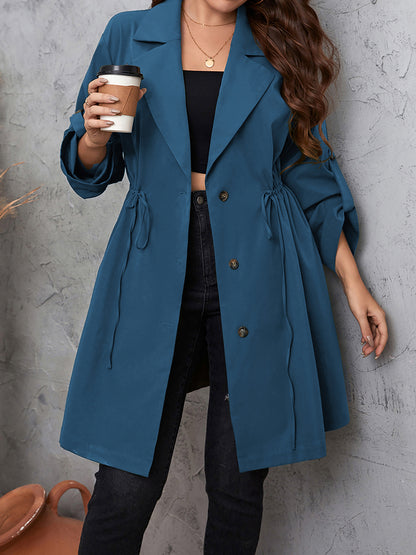 Plus Size Lapel Collar Drawstring Roll-Tab Sleeve Trench Coat - Dusty Blue