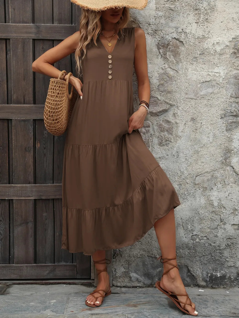Decorative Button Notched Sleeveless Dress -