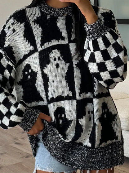 Ghost Dropped Shoulder Long Sleeve Sweater - Black
