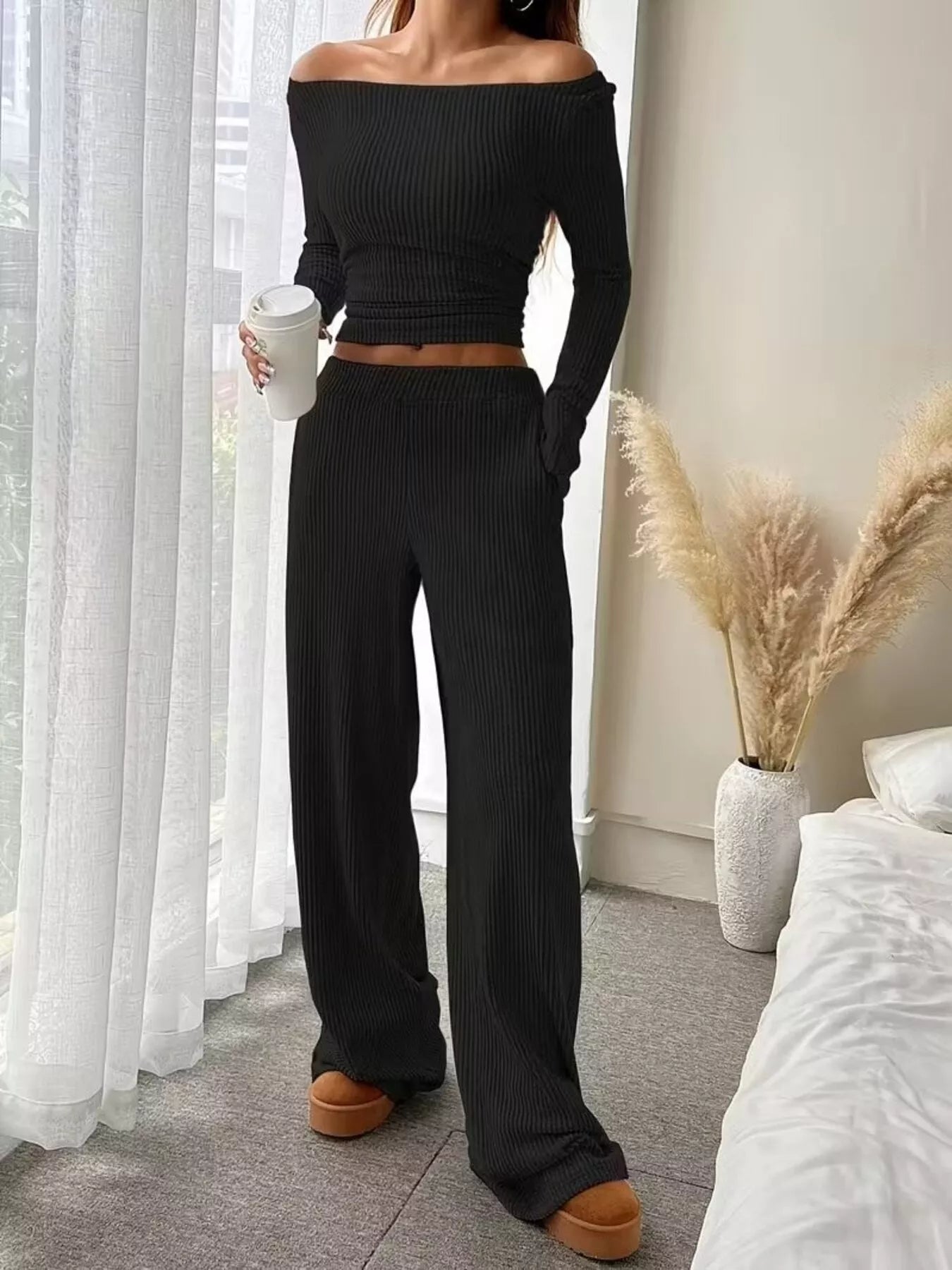 Ribbed Knit Boat Neck Top and Pants Set - Black
