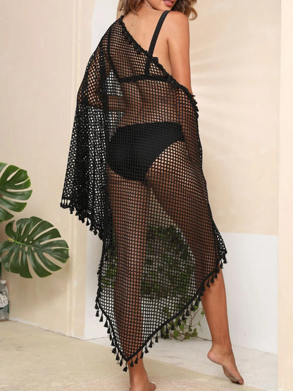 Tassel Openwork Open Front Cover-Up - Black One Size