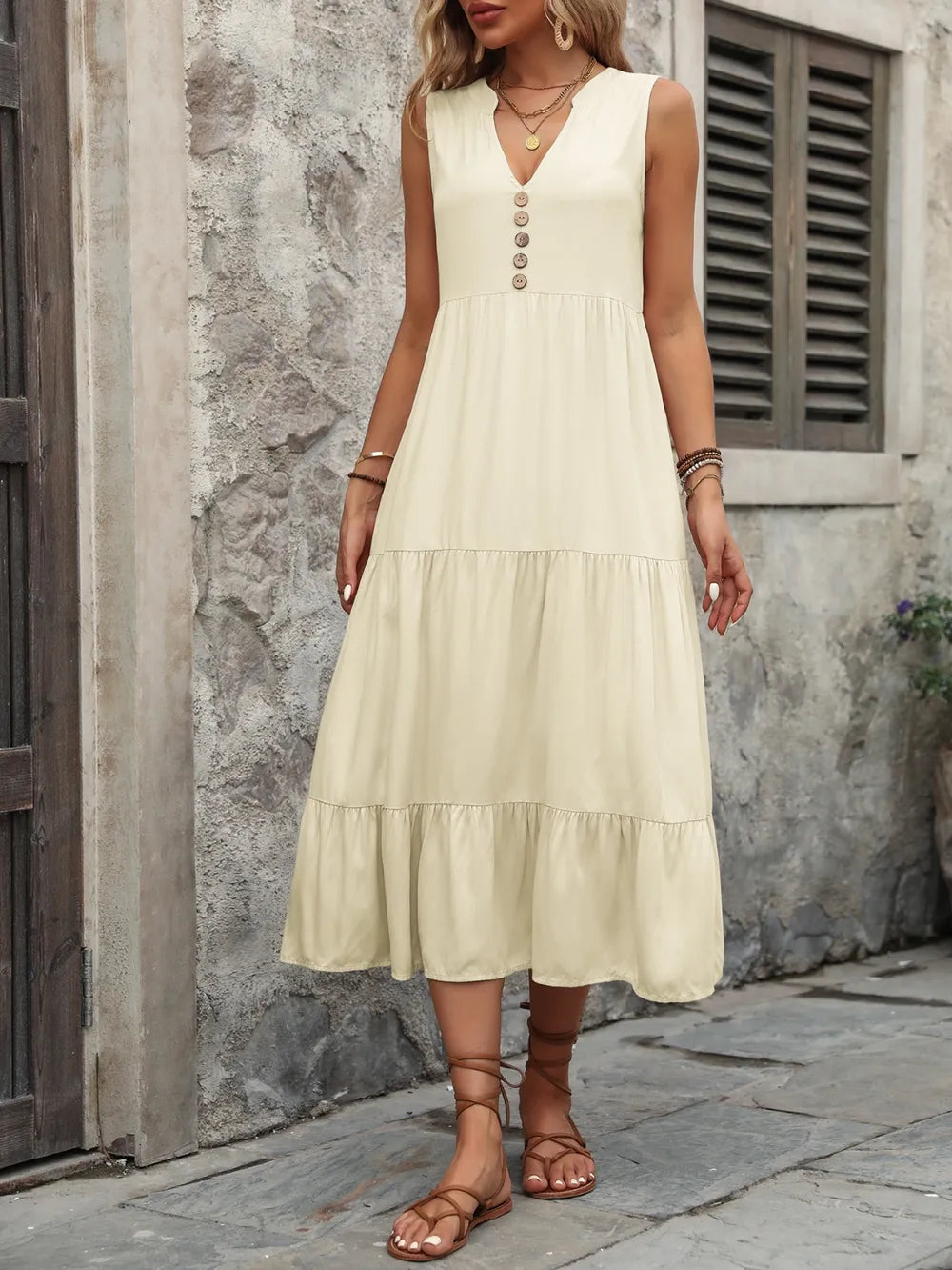 Decorative Button Notched Sleeveless Dress -