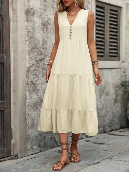 Decorative Button Notched Sleeveless Dress -