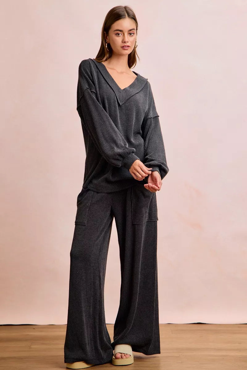 Two Tone Cord Rib V-Neck Top and Pants Set -
