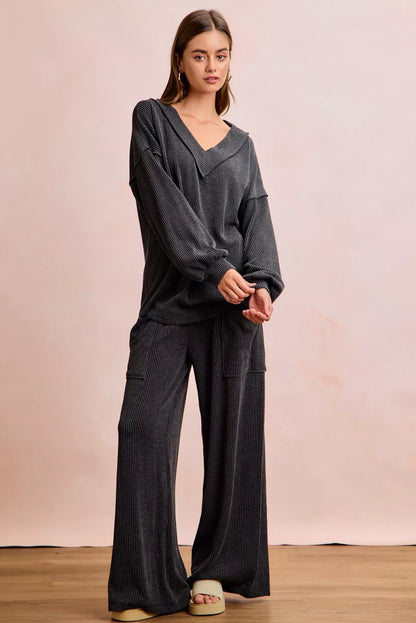 Two Tone Cord Rib V-Neck Top and Pants Set -