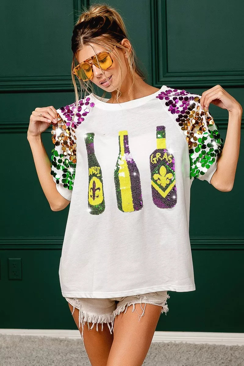 Sequin Mardi Gras Bottles Spangled Sleeve Top -