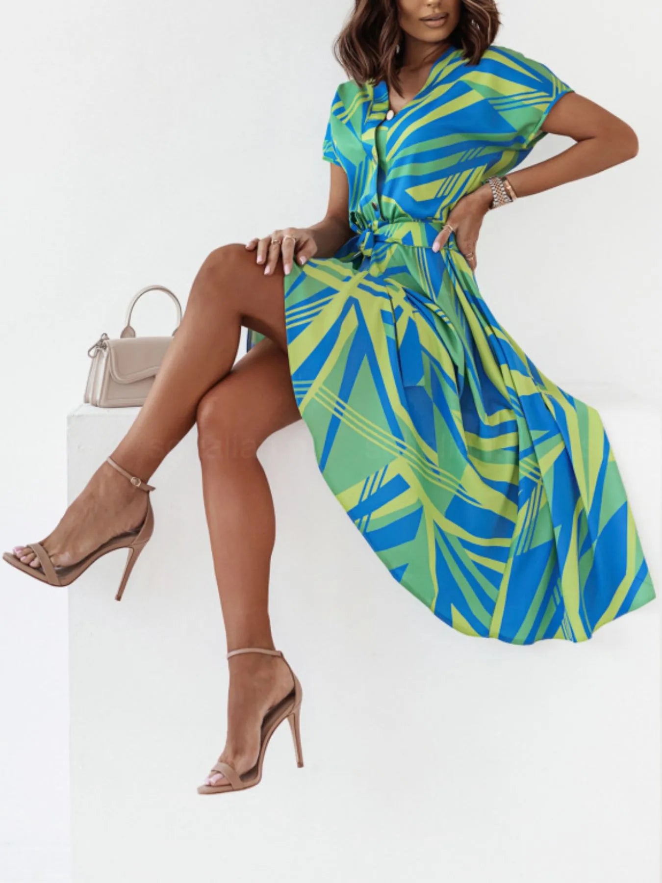 Printed Button Front Midi Dress -
