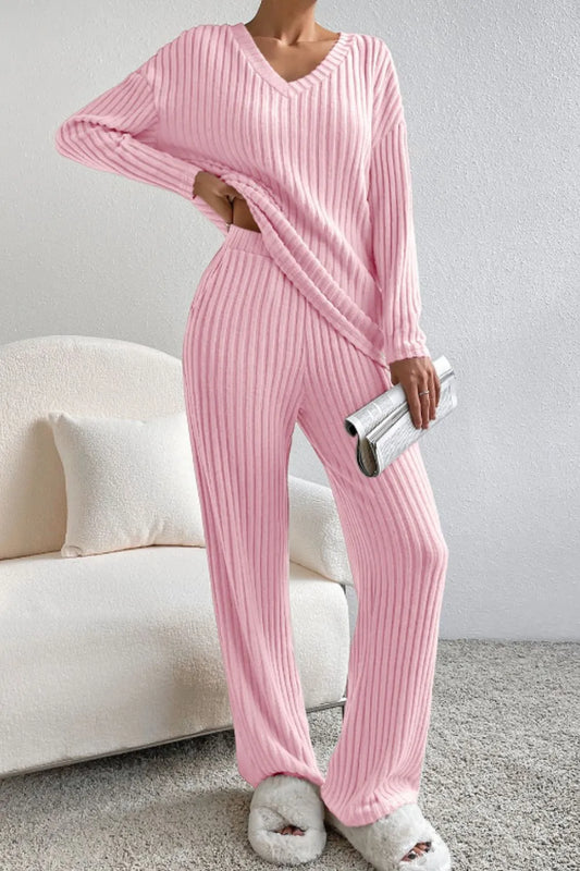 Ribbed V-Neck Top and Pants Lounge Set - Blush Pink