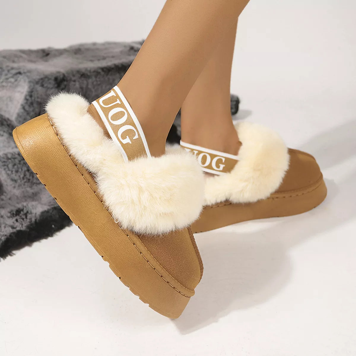 Round Toe Platform Ankle Slippers - Caramel