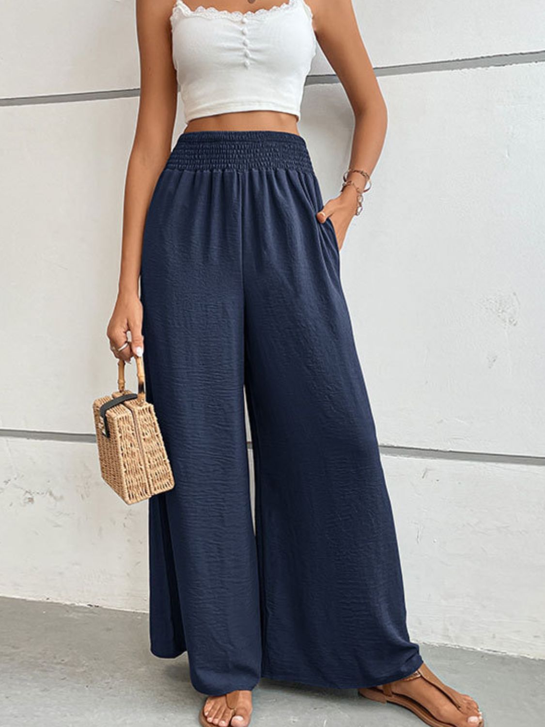 Wide Waistband Relax Fit Long Pants - Dark Blue