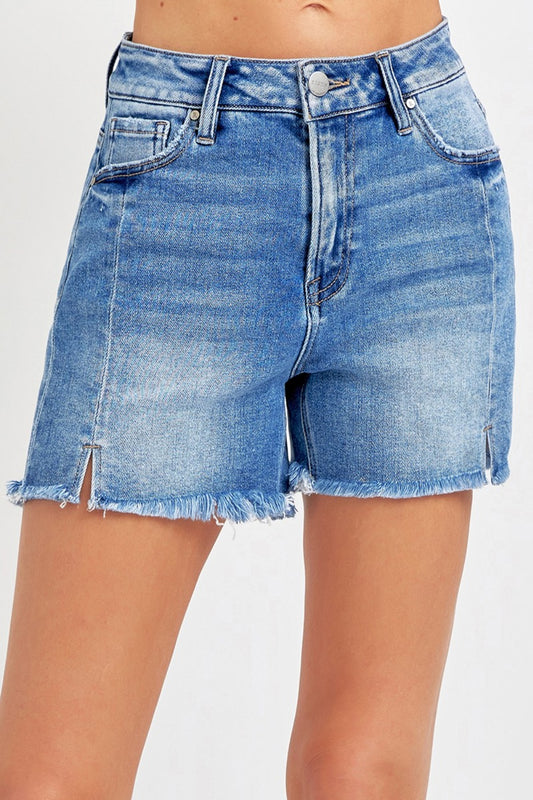 Front Slit Raw Hem Denim Shorts - Medium