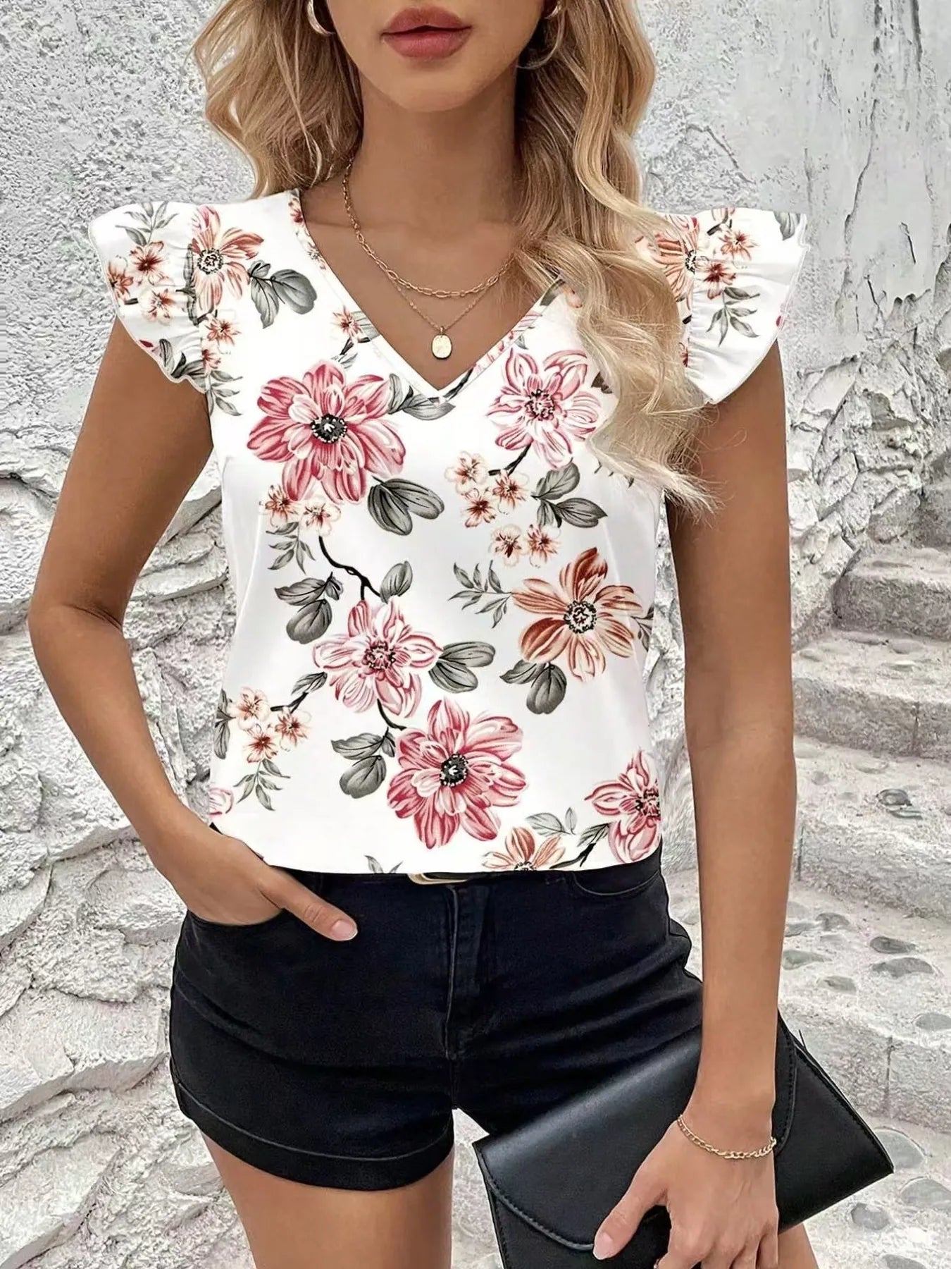 Floral Print Ruffle Sleeve V-Neck Blouse - White