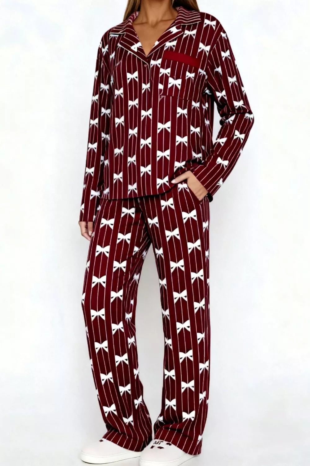Bow Print Top and Wide Leg Pants Lounge Set - Dark Brown