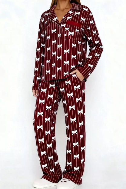 Bow Print Top and Wide Leg Pants Lounge Set - Dark Brown