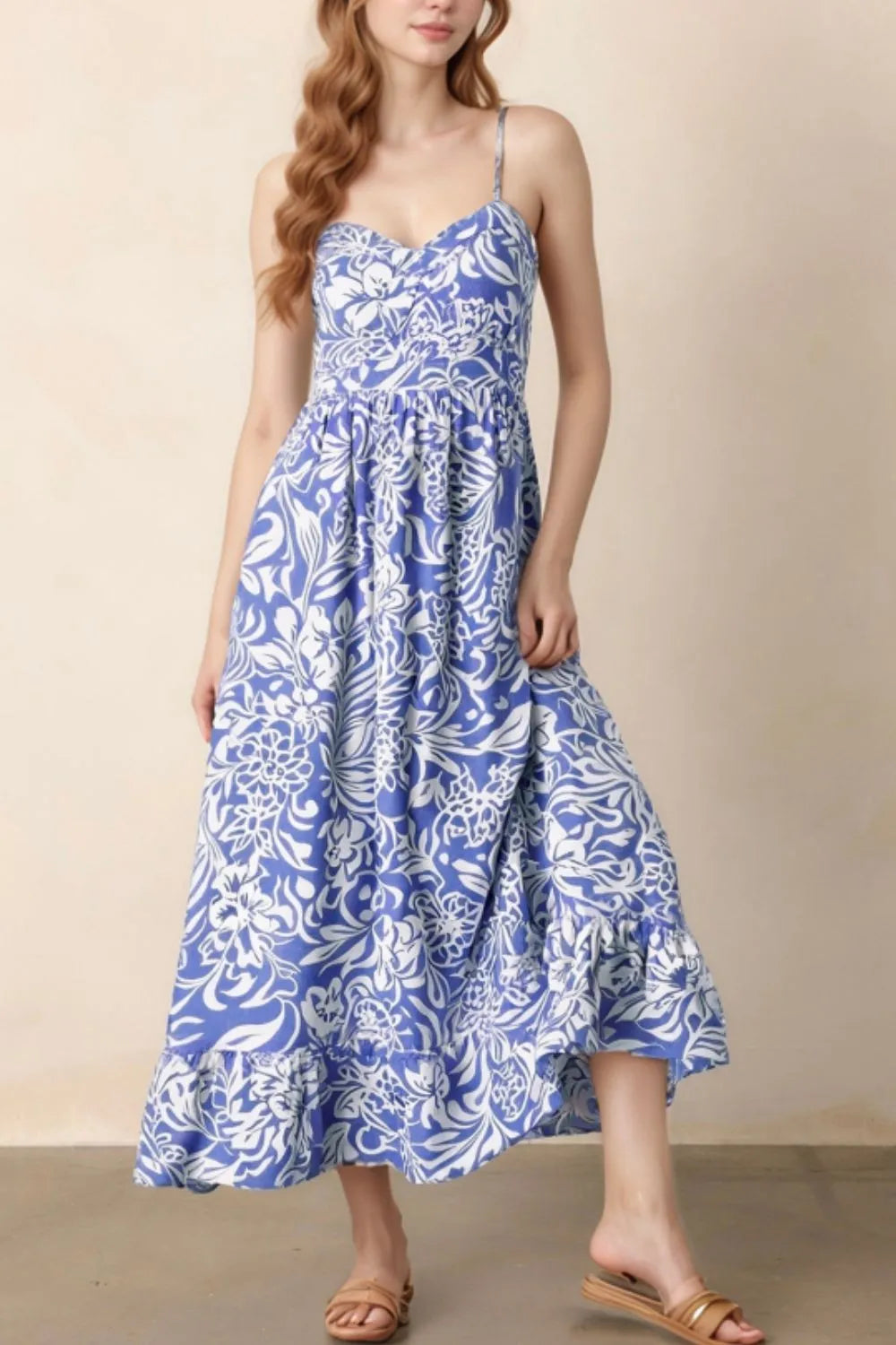 Floral Print Spaghetti Strap High Waist Dress - Dusty Blue