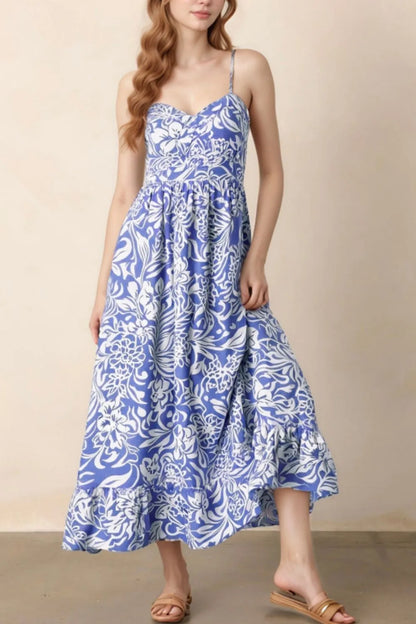 Floral Print Spaghetti Strap High Waist Dress - Dusty Blue