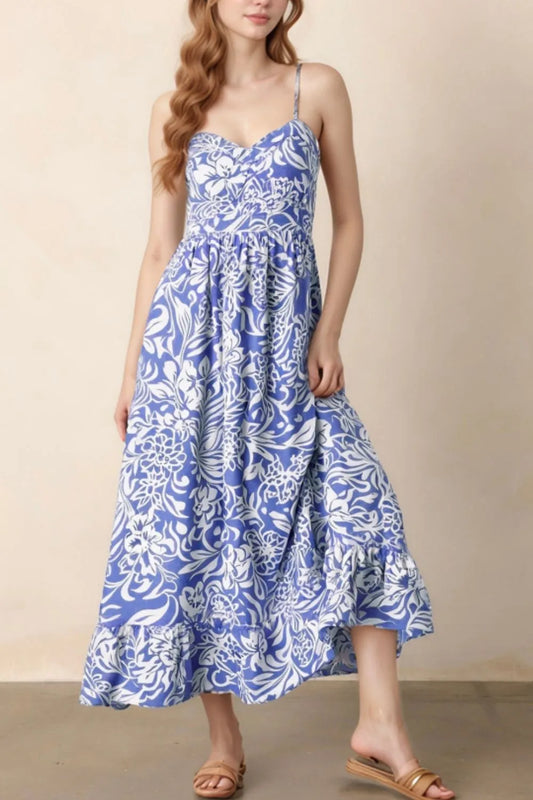 Floral Print Spaghetti Strap High Waist Dress - Dusty Blue