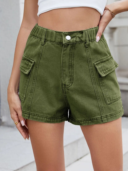 High Waist Cargo Denim Shorts -