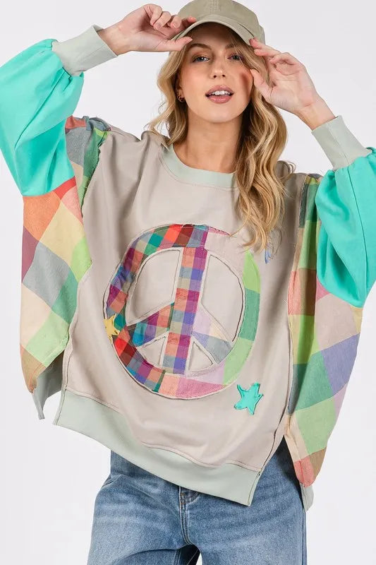 Contrast Peace Patch Dropped Shoulder Sweatshirt - Tiffany Blue