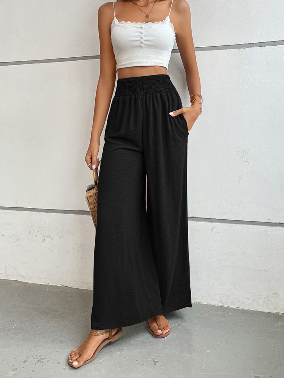 Wide Waistband Relax Fit Long Pants - Black
