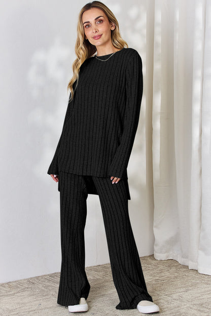 Ribbed Top and Wide Pants Set - Black