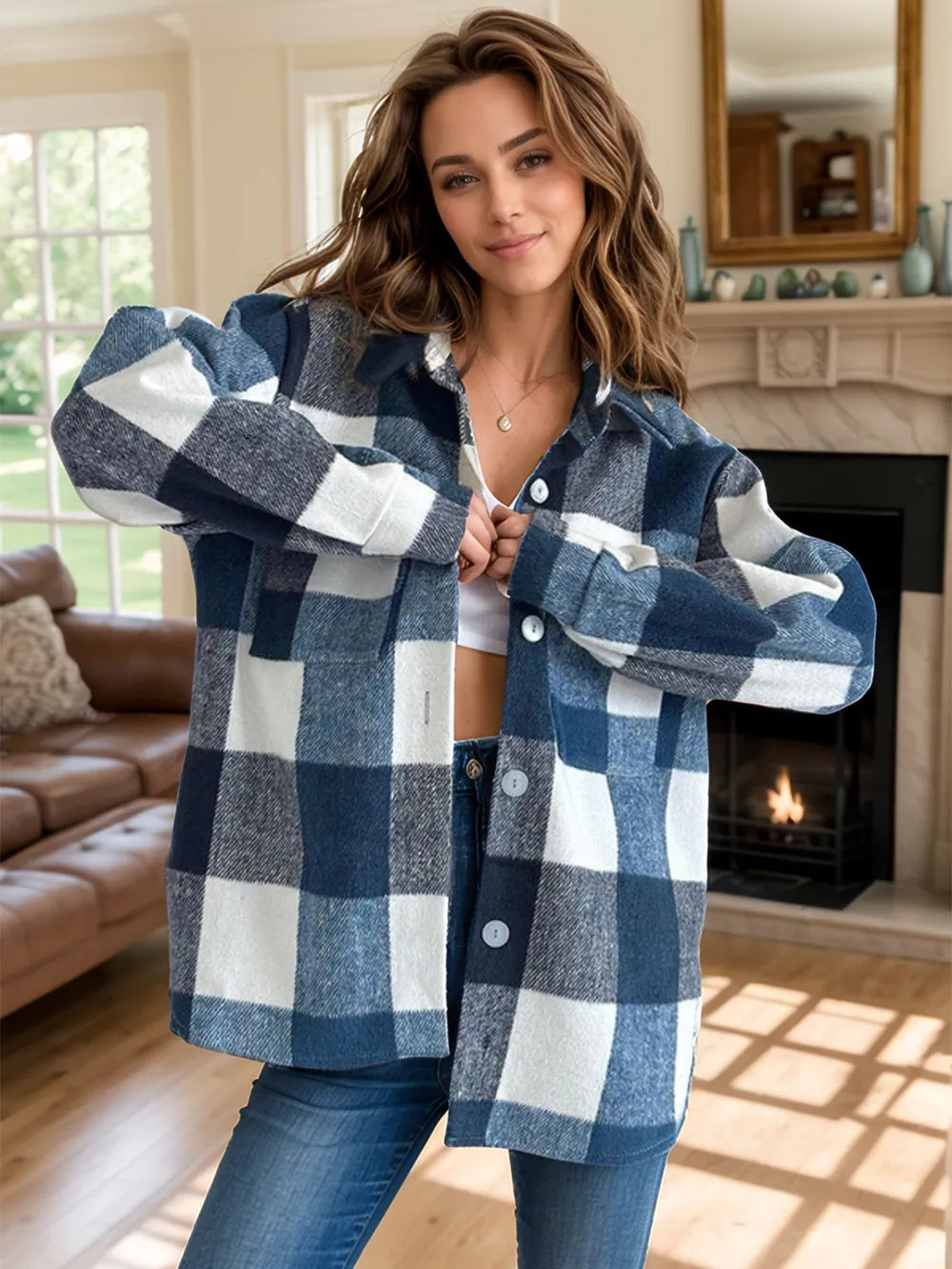 Plaid Button Up Long Sleeve Shacket - Peacock Blue