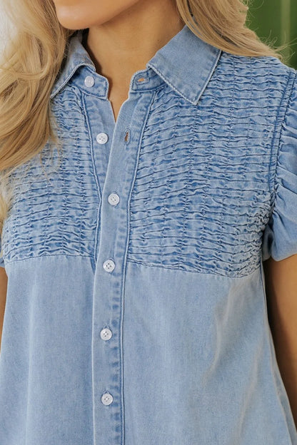 Smocked Collared Neck Cap Sleeve Denim Dress -