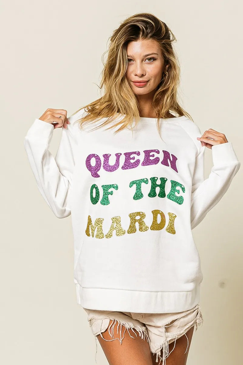 BiBi Queen Of Mardi Glitter Print Mardi Gras Sweatshirt -