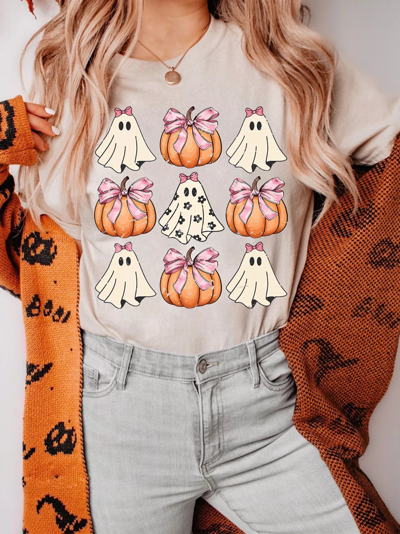 Bowknot Ghost Pumpkin Graphic T-Shirt - Tan