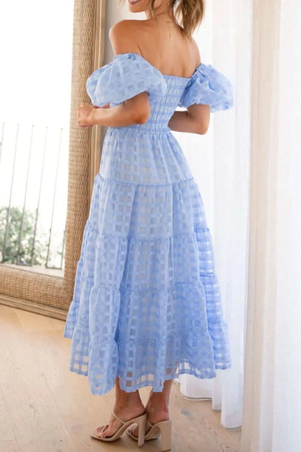 Off Shoulder Short Puff Sleeve Midi Dress -