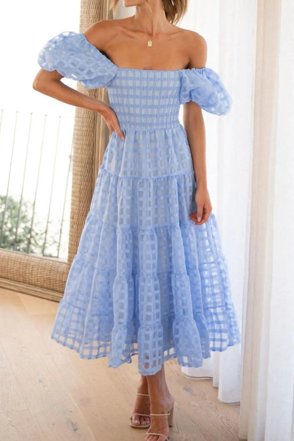 Off Shoulder Short Puff Sleeve Midi Dress -